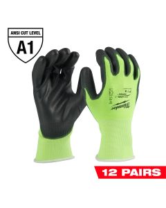 12 Pair High Visibility Cut Level 1 Polyurethane Dipped Gloves - S