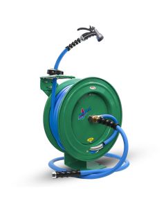 BLBBSWR5850-GN image(0) - BluBird BluSeal Garden Hose Reel 5/8" x 50' Retractable Heavy Duty Steel Construction with Garden Hose, Spray Nozzle, 6' Lead-in Hose - Green