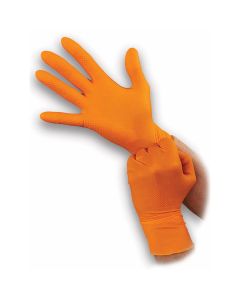 Super tough orange 8mil powder free nitrile disposable gloves with aggressive diamond grip. Touchscreen compatible, food safe and resists most chemicals. Latex Free. Not for Medical Use. 100/box. Sm