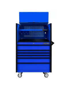 DX Series 41in W x 25in D Extreme Power Workstation&reg; Hutch and 6 Drawer 25in Deep Roller Cabinet - Blue with Black Drawer Pulls 100-200 lb. Slides