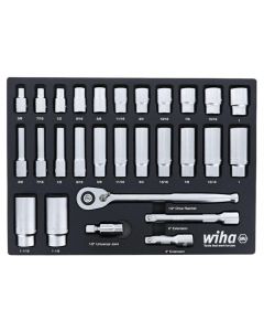 WIH33896 image(0) - Set Includes - 11 Standard Sockets 3/8&rdquo; - 1&rdquo; | 13 Deep Sockets 3/8&rdquo; - 1-1/8&rdquo; | 1/2&rdquo; Dr. Ratchet 72 Tooth | 1/2&rdquo; Dr. Extension Bars 3&rdquo;, 6&rdquo; | 1/2&rdquo; Dr. Universal Joint