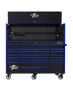 EXTRX723020HRKU image(0) - Extreme Tools RX Series 72"W x 30"D Pro Hutch & 19 Drawer Roller Cabinet Combo; Black w Blue Drawer Pulls