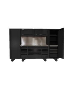 HOMBKCTS12001 image(0) - Homak Manufacturing 120" RS PRO CTS Roller Cabinet & Side Lockers Combo with Solid Backsplash - Black