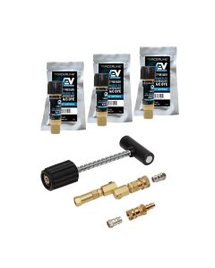 Tracer Mini-EZ&trade; POE-Based EV A/C dye injection kit with TP9815EV-P3 dye cartridges (compatible with R-134a and R-1234yf EV systems), solid-brass swivel-type R-134a coupler with check valve and purge fitting, R-1234yf adapter