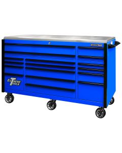 EXQ Series 72"W x 30"D 17-Drawer Pro Triple Bank Roller Cabinet Blue w/ Black Quick Release Drawer Pulls