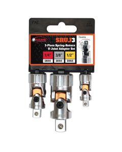 SRRSRUJ3 image(0) - SUR&R SRUJ3 3-Piece 3/8" female Spring-Return U Joint Adapter Set with dual springs for maintaining alignment and precise control. Excellent for Use in Tight Spaces and One-Handed Operation.