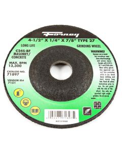 Forney Industries Grinding Wheel, Masonry, Type 27, 4-1/2 in x 1/4 in x 7/8 in