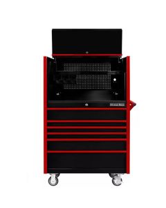 EXTDX4107HRKR image(0) - Extreme Tools DX Series 41in W x 25in D Extreme Power Workstation&reg; Hutch and 6 Drawer 25in Deep Roller Cabinet - Black with Red Drawer Pulls 100-200 lb. Slides