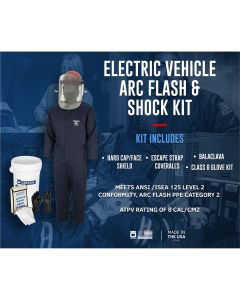 OBRZCF249-10 image(1) - Oberon OBERON&trade;- 8 Cal HRC2&trade; Electric Vehicle Arc Flash & Shock Kit: TCG Arc Flash Face Shield w/Hard Cap, Balaclava, Coverall with escape strap, Safety Glasses, Class 0 Glove Kit - Size 10, Earplugs & Storage Bucket - S