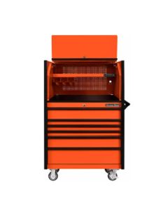 Extreme Tools DX Series 41in W x 25in D Extreme Power Workstation&reg; Hutch and 6 Drawer 25in Deep Roller Cabinet - Orange with Black Drawer Pulls 100-200 lb. Slides