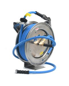 BLBBSWRSS1250HRS image(0) - BluBird BluSeal Stainless Steel Water Hose Reel 1/2" x 50' Retractable with Swivel Mount, Rubber Garden Hose, 6' Lead-in, Spray Nozzle