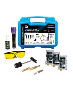 Mini-EZ&trade; POE-Based EV A/C Leak Detection Kit includes (3) 0.25 oz (7 ml) single-dose EV A/C dye cartridges, TPOPUV OPTI-PRO UV flashlight, R-134a coupler, R-1234yf adapter, GLO-AWAY&trade; Plus, glasses, and medium blue carrying case (CE, UKCA)