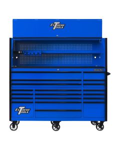 EXTRX723020HRUK image(0) - Extreme Tools RX Series 72"W x 30"D Pro Hutch & 19 Drawer Roller Cabinet Combo; Blue w Black Drawer Pulls