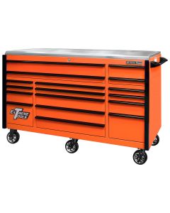 Extreme Tools EXQ Professional Series 72"Wx30"D 17 Drawer Triple Bank Roller Cabinet, Orange with Black Quick Release Anodized Aluminum Drw Pulls, 300-600 lbs. Drw Capacity, Stainless Steel Top