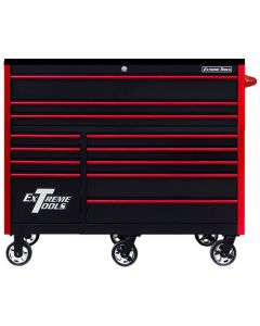 Extreme Tools Extreme Tools RX Series Professional 55"W x 25"D 12 Drawer Roller Cabinet 150 lbs slides Black, Red Drawer Pulls