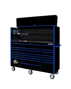 EXTRX7220HRKU image(0) - Extreme Tools EXTREME TOOLS 72" RX SERIES 19-DRAWER 25" DEEP ROLLER CABINET W/HUTCH, 150 LB SLIDES - BLACK W/BLUE HANDLES