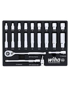 WIH33796 image(0) - Set Includes - 9 Standard Sockets 1/4&rdquo; - 3/4&rdquo; | 9 Deep Sockets 1/4&rdquo; - 3/4&rdquo; | 3/8&rdquo; Dr. Ratchet 72 Tooth | 3/8&rdquo; Dr. Extension Bars 3&rdquo;, 6&rdquo; | 3/8&rdquo; Dr. Universal Joint
