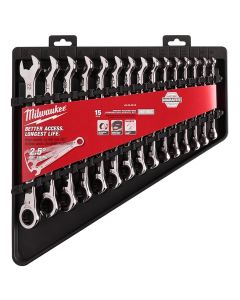 MLW48-22-9516 image(0) - Milwaukee Tool 15pc Ratcheting Combination Wrench Set - 144 Ratcheting Positions Metric