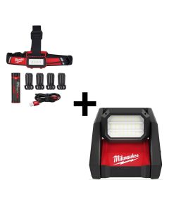 Milwaukee Tool MLW2366-20 M18 ROVER Dual Power Flood Light + MLW2115-21 REDLITHIUM&trade; USB Low-Profile Headlamp Bundle