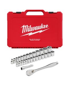MLW48-22-9088 image(0) - Milwaukee Tool 29pc 3/8" Drive Metric & SAE Ratchet and Socket Set with FOUR FLAT SIDES