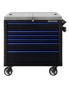 Extreme Tools EX Series 41" 6 Drawer Stainless Steel Sliding Top Tool Cart with Bumpers  Black with Blue Drawer Pulls