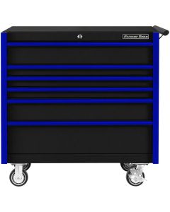 DX Series 41in. W X 25&rdquo;D 6 Drawer Roller Cabinet, 100 lbs Slides, Black with Blue Drawer Pulls