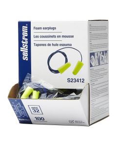 SRWS23412 image(0) - Sellstrom Sellstrom - Earplugs - Disposable - Foam Bullet Shape - Corded - NRR 32 - Hi-Viz Green - 100 Pair Dispenser Box