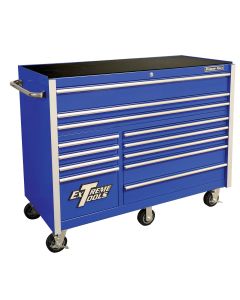 Extreme Tools RX Series 55in. W x 25in. D 12 Drawer Roller Cabinet, 150 lbs. Slides, Blue w Chrome Drawer Pulls and Trim