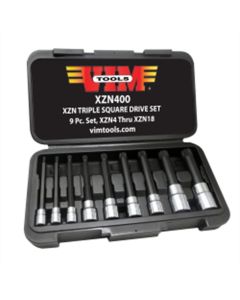 VIM Tools XZN Triple Square Long Bit Set 9 Piece Set, XZN4 Thru XZN18 Drivers, Black S2 Drive Bits with Ni-Cr Bit Holders 4 Inch Long, Packaged In A Blow Mold Box with Window. VIM Brand with Color Sleave