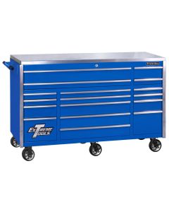 EXQ Series 72"W x 30"D 17-Drawer Pro Triple Bank Roller Cabinet Blue w/ Chrome Quick Release Drawer Pulls