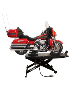 ROT1000MCLDTMFBK image(0) - Forward Lift Portable Motorcycle / ATV Lift, Air Operated W/ Dolly, Adjustable Vise And Removable Side Extensions Included. Max Lifting Height 33". 24" Wide (48" With Included Side Extensions Installed), 113" Length (93" Withou