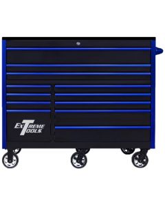 Extreme Tools RX Series Professional 55"W x 25"D 12 Drawer Roller Cabinet 150 lbs slides Black, Blue Drawer Pulls