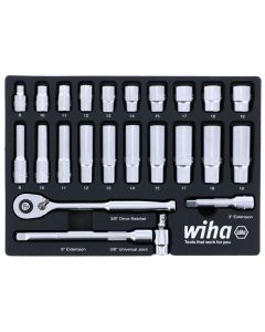 Wiha Tools Set Includes - 10 Standard Sockets 8 - 19mm | 10 Deep Sockets 8 - 19mm | 3/8&rdquo; Drive Ratchet 72 Tooth | 3/8&rdquo; Drive Extension Bars 3&rdquo;, 6&rdquo; | 3/8&rdquo; Drive Universal Joint