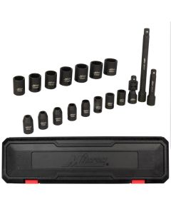 MIL1300-SS-O1 image(0) - Milton Industries 3/8" Drive Shallow 6-Point Impact Socket Set, 6-20mm, Steel Coated Black Oxide Finish w/ Universal Joint & Extension Bars (18-Piece)
