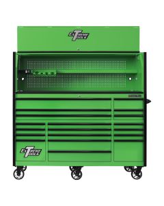 Extreme Tools RX Series 72"W x 30"D Pro Hutch & 19 Drawer Roller Cabinet Combo; Green w Black Drawer Pulls