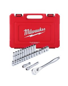 MLW48-22-9510 image(0) - Milwaukee Tool 28 pc 1/2" Drive Metric Ratchet and Socket Set with FOUR FLAT Sides
