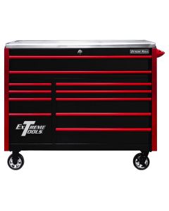 EXQ Series 55inW x 30inD 11 Drawer Professional Roller Cabinet   300 lbs Slides  Black with Red EX Quick Release Drawer Pulls and Trim