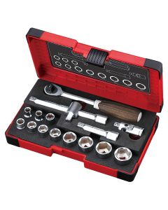 VESHRW3002MW image(0) - Vessel Tools WOOD-COMPO Socket Wrench Set No.HRW3002M-W 3/8" SQ Drive 16PC. Set