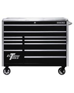 Extreme Tools EXQ Series 55inW x 30inD 11 Drawer Professional Roller Cabinet  300 lbs Slides  Black with Chrome EX Quick Release Drawer Pulls and Trim