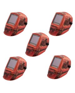 JCK47101-5PK image(0) - Jackson Safety Jackson Safety - Quantity 5 Pack - Welding Helmet - Auto Darkening - Nylon - 3.94" x 3.64" Viewing Area - Shade 3/5-13 Variable ADF 1/1/1/1 - 370 Speed Dial Headgear - Hellfire Graphics