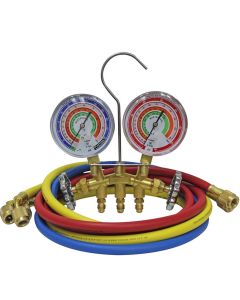 Mastercool R410A, R22, R404A 2-Way Brass Manifold Gauge Set includes 3 &hyphen; 60? R410A hoses with standard 1/4? SAE fittings packaged in a clamshell