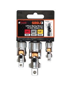 SUR&R SRUJ3 3-Piece 3/8" female Spring-Return U Joint Adapter Set with dual springs for maintaining alignment and precise control. Excellent for Use in Tight Spaces and One-Handed Operation.