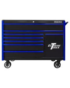 EXTDX552508RCBKBL image(0) - Extreme Tools DX Series 55in W x 25in D 8-Drawer Roller Cabinet W/Power Tool Drawer, 100 lb Slides, Black w Blue Drawer Pulls