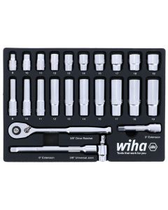 WIH33795 image(0) - Wiha Tools Set Includes - 10 Standard Sockets 8 - 19mm | 10 Deep Sockets 8 - 19mm | 3/8&rdquo; Drive Ratchet 72 Tooth | 3/8&rdquo; Drive Extension Bars 3&rdquo;, 6&rdquo; | 3/8&rdquo; Drive Universal Joint