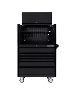 Extreme Tools DX Series 41in W x 25in D Extreme Power Workstation&reg; Hutch and 6 Drawer 25in Deep Roller Cabinet - Matte Black with Black Trim 100-200 lb. Slides