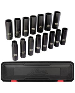 MIL1300-SS-O5 image(0) - Milton Industries 1/2" Drive Deep 6-Point Impact Socket Set, 10-24mm Metric, Steel Coated Black Oxide Finish (15-Piece)