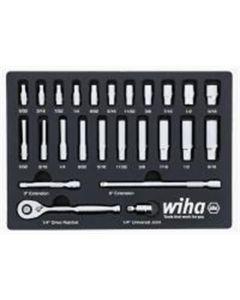 Wiha Set Includes - 11 Standard Sockets 5/32&rdquo; - 9/16&rdquo; | 10 Deep Sockets 5/32&rdquo; - 9/16&rdquo; | 1/4&rdquo; Drive Ratchet 72 Tooth | 1/4&rdquo; Drive Extension Bars 3&rdquo;, 6&rdquo; | 1/4&rdquo; Drive Universal Joint