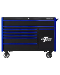 Extreme Tools DX Series 55in W x 25in D 8-Drawer Roller Cabinet W/Power Tool Drawer, 100 lb Slides, Black w Blue Drawer Pulls