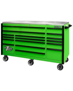 EXQ Series 72"W x 30"D 17-Drawer Pro Triple Bank Roller Cabinet Green w/ Black Quick Release Drawer Pulls
