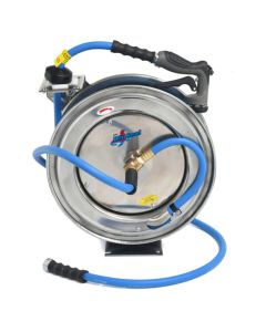 BLBBSWRSS5850 image(0) - BluBird BluSeal Stainless Steel Water Hose Reel 5/8" x 50' Retractable with Rubber Garden Hose, 6' Lead-in, Spray Nozzle